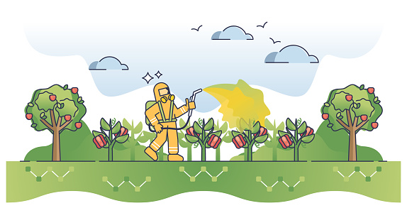 Pesticides, insecticides and herbicides for plant protection outline concept. Toxic poison to kill insects vector illustration. Effective vegetables growth or chemical spray usage vector illustration