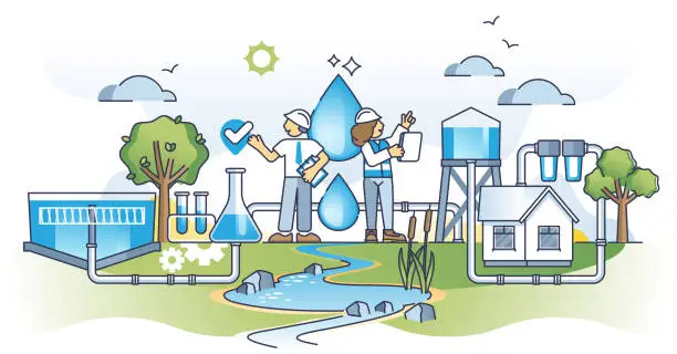 Vector illustration of Water efficiency and conservation to save natural resources outline concept