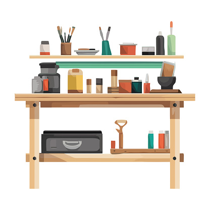 shelf with toolbox of artist work icon isolated