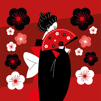 japanese character geisha and sakura flowers