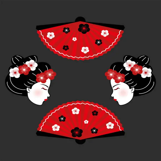 Vector illustration of geisha faces and fan