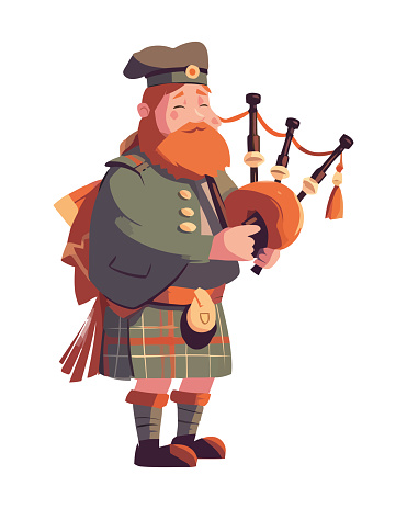 Man costume traditional playing bagpipe instrument icon isolated
