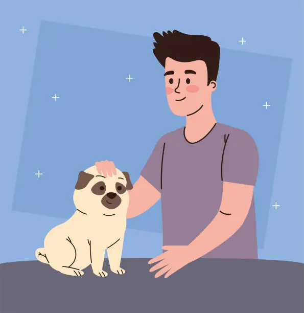 Vector illustration of man caressing and dog