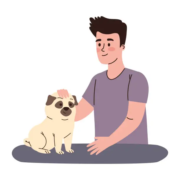 Vector illustration of male owner caressing dog