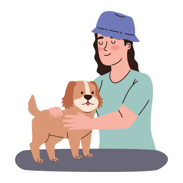 Vector illustration of girl caressing dog pet