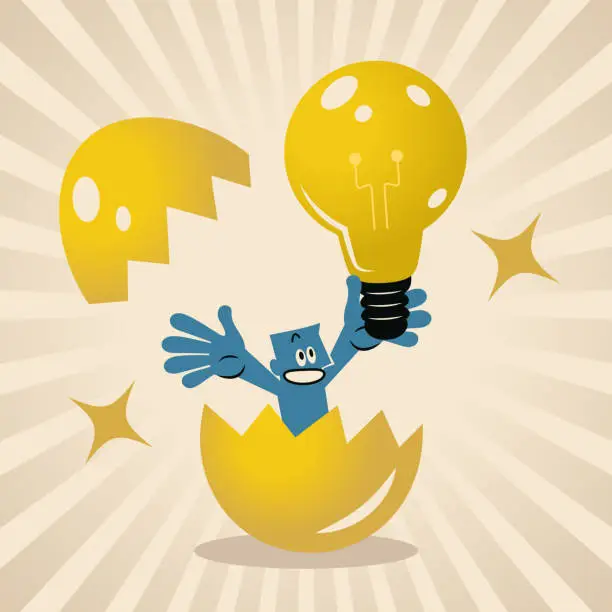 Vector illustration of A man with a golden creative big idea light bulb is born from a cracked golden egg