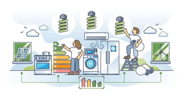 Vector illustration of Home energy efficiency and everyday appliances power usage outline concept