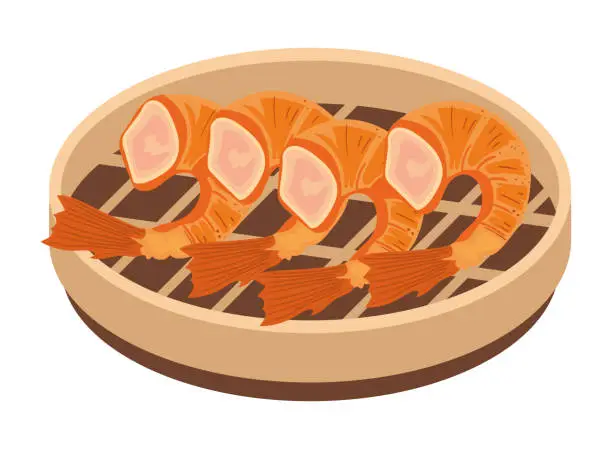 Vector illustration of shrimp on bamboo steamer