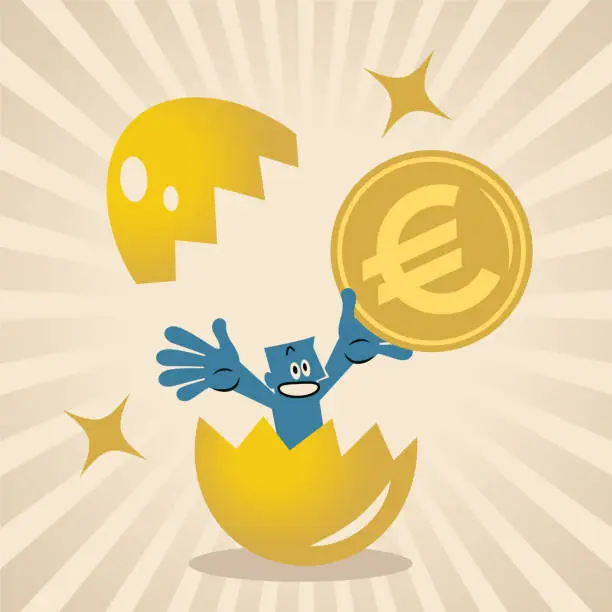 Vector illustration of A man with a big golden money coin is born from a cracked golden egg