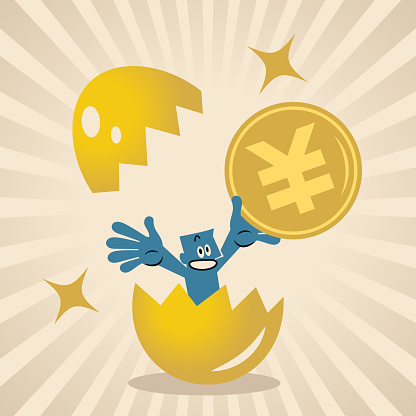 Blue Cartoon Characters Design Vector Art Illustration.
A man with a big golden money coin is born from a cracked golden egg.