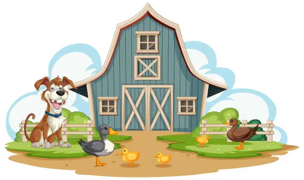 Vector illustration of Dog, ducks, and chicks outside a barn