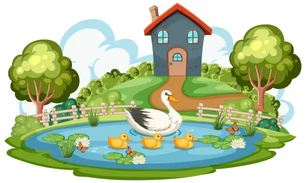 Vector illustration of Mother duck with ducklings swimming in a pond