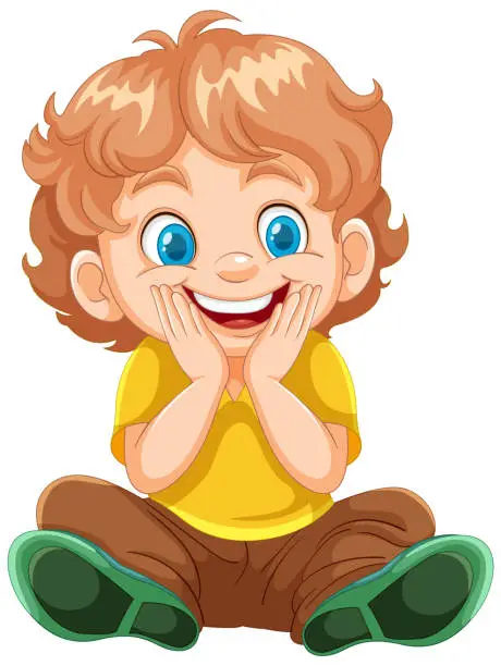 Vector illustration of Cheerful cartoon boy sitting with a joyful expression