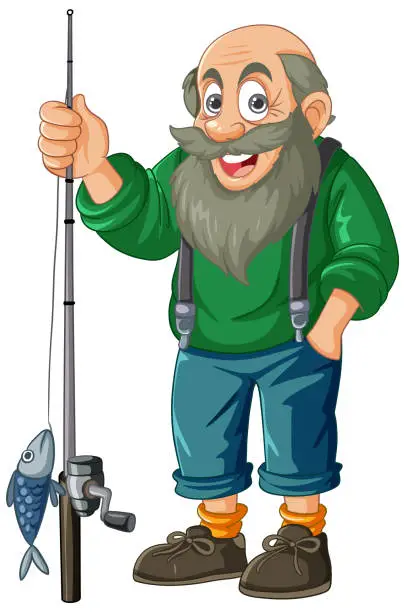 Vector illustration of Cheerful old man proudly holding a fishing rod.