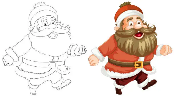 Vector illustration of Black and white and colored Santa illustrations side by side.