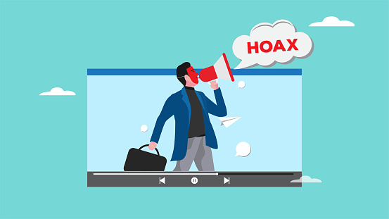 business people convey fake news or hoax with megaphones and masks of falsehood on video playback media, hoax or fake news illustration, misleading information from social media concept illustration