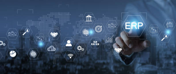 istock ERP enterprise resource planning system on virtual screens with business intelligence connectivity,HR and CRM businessman analyzing ERP system on monitor 2079886686