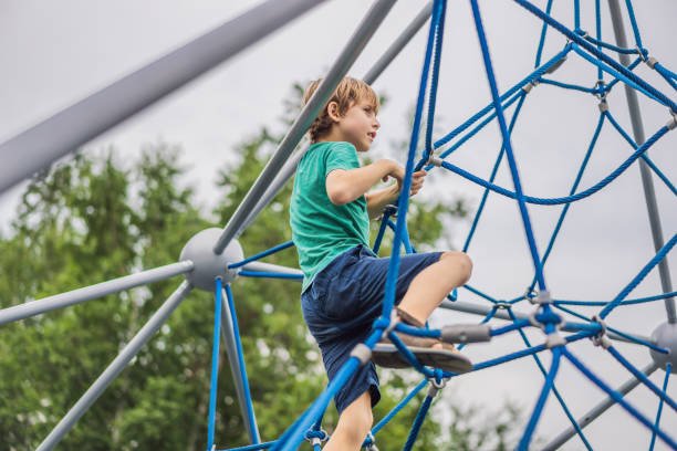 istock Young boy on climbing rope in playground 2079893356