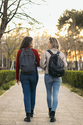 Back view of two student girls walking and talking