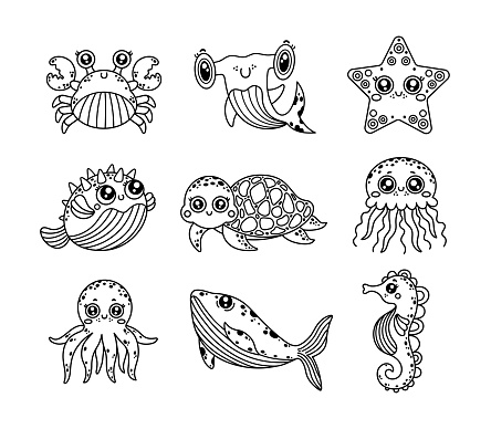 Sea animals vector set. Friendly crab, baby shark, cute turtle, starfish, whale, funny puffer fish, octopus. Happy jellyfish, seahorse. Doodle ocean creatures, black and white coloring book for kids