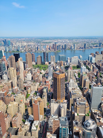 Vertical view of New York City's dense skyline captured from the Empire State, USA