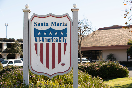Santa Maria, California, USA - December 04, 2020: Afternoon sun shines on a Santa Maria welcome sign.