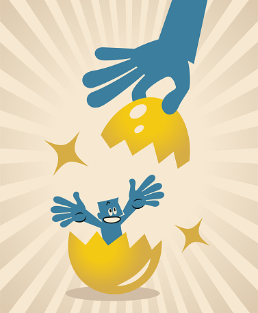 Blue Cartoon Characters Design Vector Art Illustration.
A big hand opened a golden egg, and a man appeared inside.
