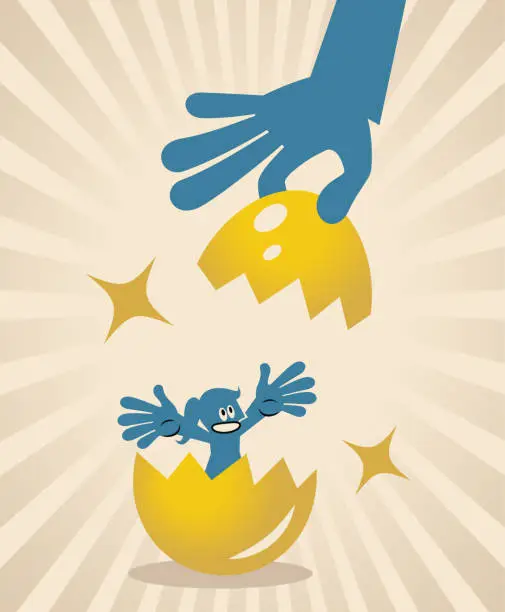 Vector illustration of A big hand opened a golden egg, and a woman appeared inside