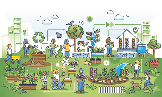 Harmony in urban sustainability and city gardening lifestyle outline concept. Ecological and nature friendly thinking community with local food growing and eco farming vector illustration. Calm living