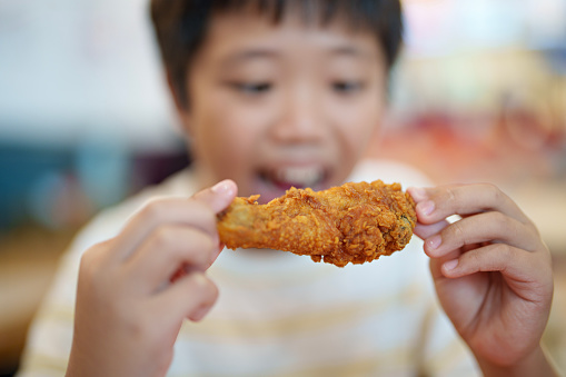 In the close-up portrait, a cute Asian boy is seen enjoying fried chicken.