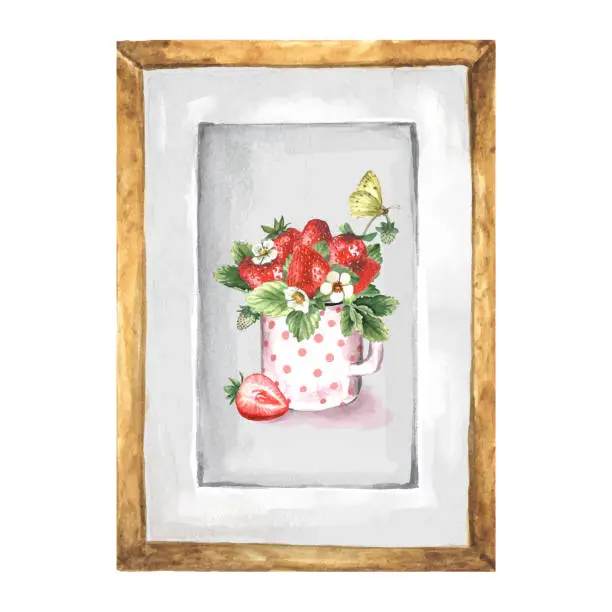 Vector illustration of Painting in a wooden frame.Watercolor illustration