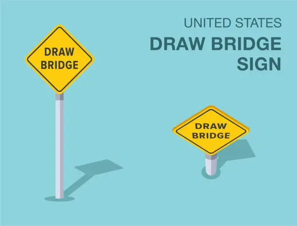 Vector illustration of Traffic regulation rules. Isolated United States draw bridge road sign. Front and top view. Vector illustration template.