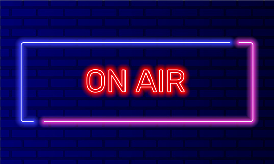 Neon sign on air in speech bubble frame on brick wall background vector. Light banner on the wall background. On air button music or radio emblem, design template, night neon signboard.