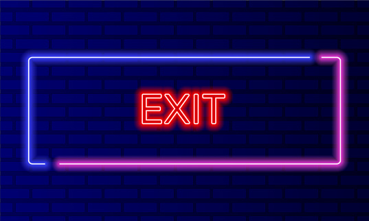 Neon sign exit in speech bubble frame on brick wall background vector. Light banner on the wall background. Exit button for buildings door, design template, night neon signboard.