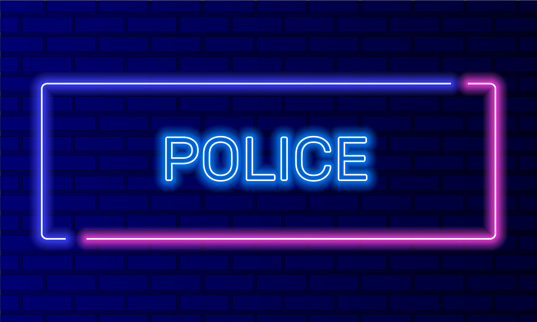 Neon sign police in speech bubble frame on brick wall background vector. Light banner on the wall background. Police office button cops and crime, design template, night neon signboard.