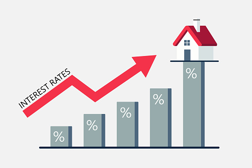 House and growth of bar chart with percentage sign with arrow up symbolizing of interest rates growth. Mortgage rates, housing finance, home loan and property investment concept, Vector illustration.