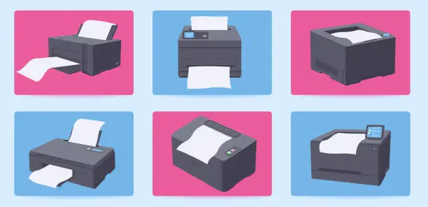 Vector illustration of Set of printers in flat style. Printer and copier machine for office work. Vector isolated illustration