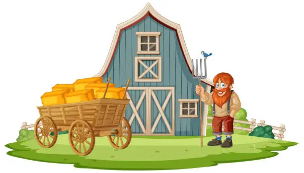 Vector illustration of Cheerful farmer standing by hay cart outside barn.