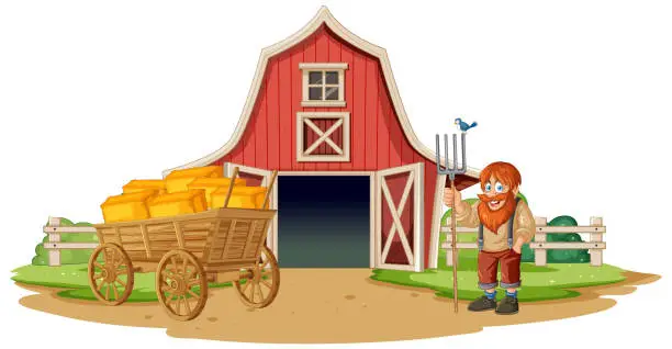 Vector illustration of Smiling farmer standing by a hay-filled cart.