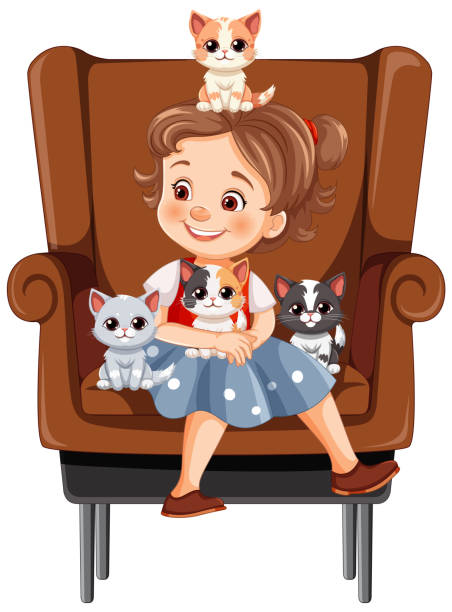 ilustrações, clipart, desenhos animados e ícones de menina feliz sentada com três gatinhos adoráveis. - domestic cat indoors domestic life image