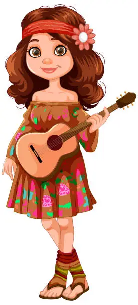 Vector illustration of Animated girl with guitar in boho style dress.