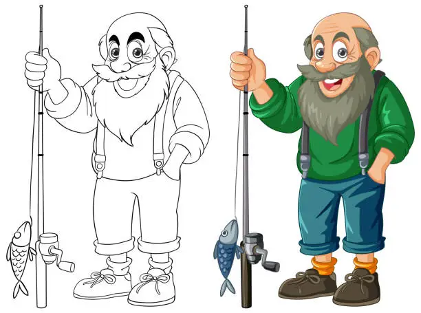 Vector illustration of Cartoon fisherman holding a fishing rod and fish.