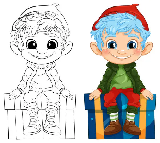 Vector illustration of Colorful and outlined versions of a happy elf.