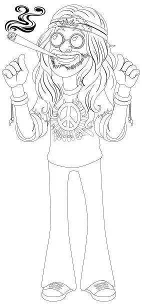 Vector illustration of Cartoon hippie with peace sign and smoke.