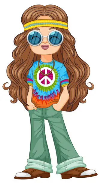 Vector illustration of Colorful, retro-styled hippie girl in vibrant attire.