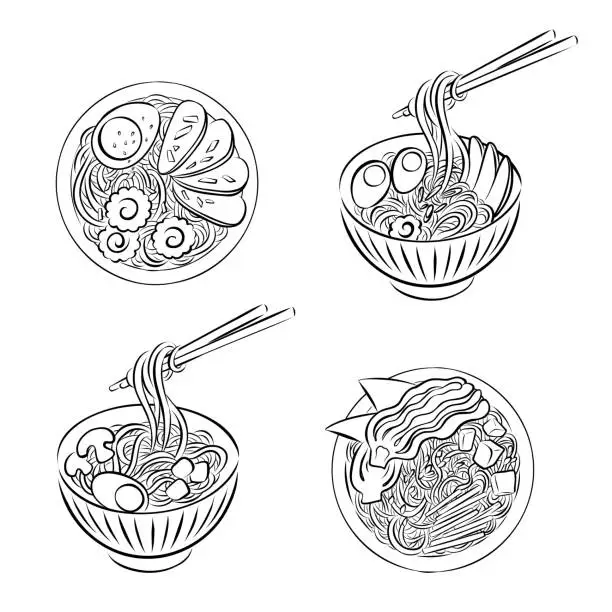 Vector illustration of Vector line art set of traditional Japanese ramen soup with different ingredients.