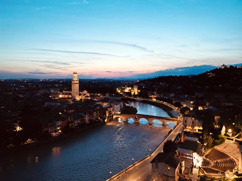 Drone view of Verona at sunset