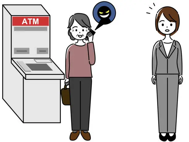 Vector illustration of An elderly woman instructed by a fraudster over the phone in front of a bank ATM and a bank employee who cares about it