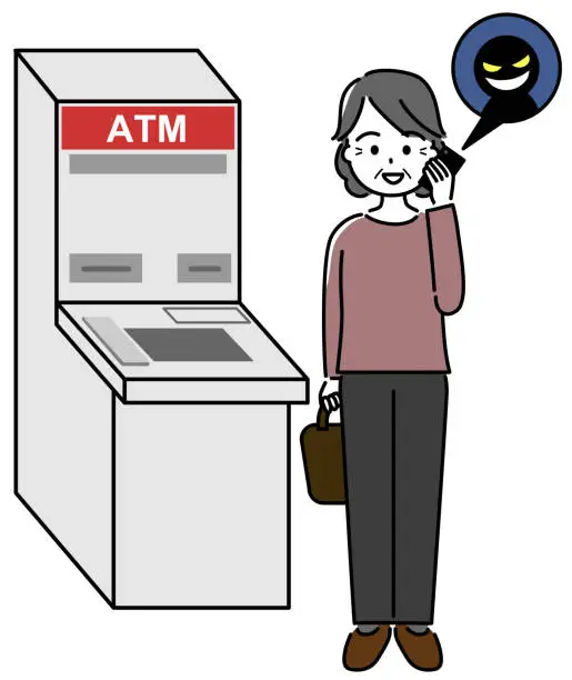 Vector illustration of An elderly woman (Elderly woman receiving a fraudulent phone call (whole body) instructed by a fraudster over the phone in front of a bank ATM