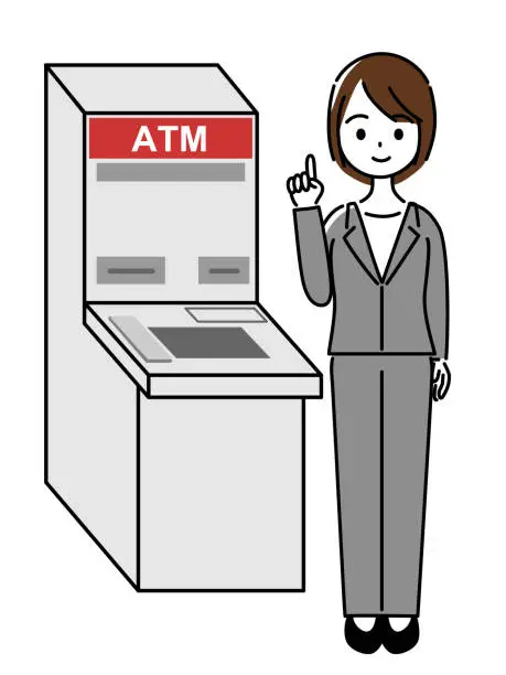 Vector illustration of A banker woman smiling and standing in front of an ATM